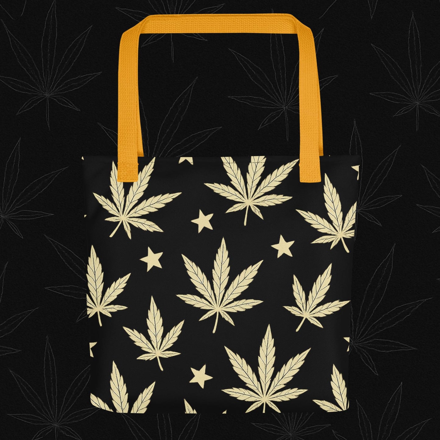 Chill Monkey tote bag with all-over gold cannabis leaves and stars, streetwear 420 style, 15×15 inch front view, yellow base.