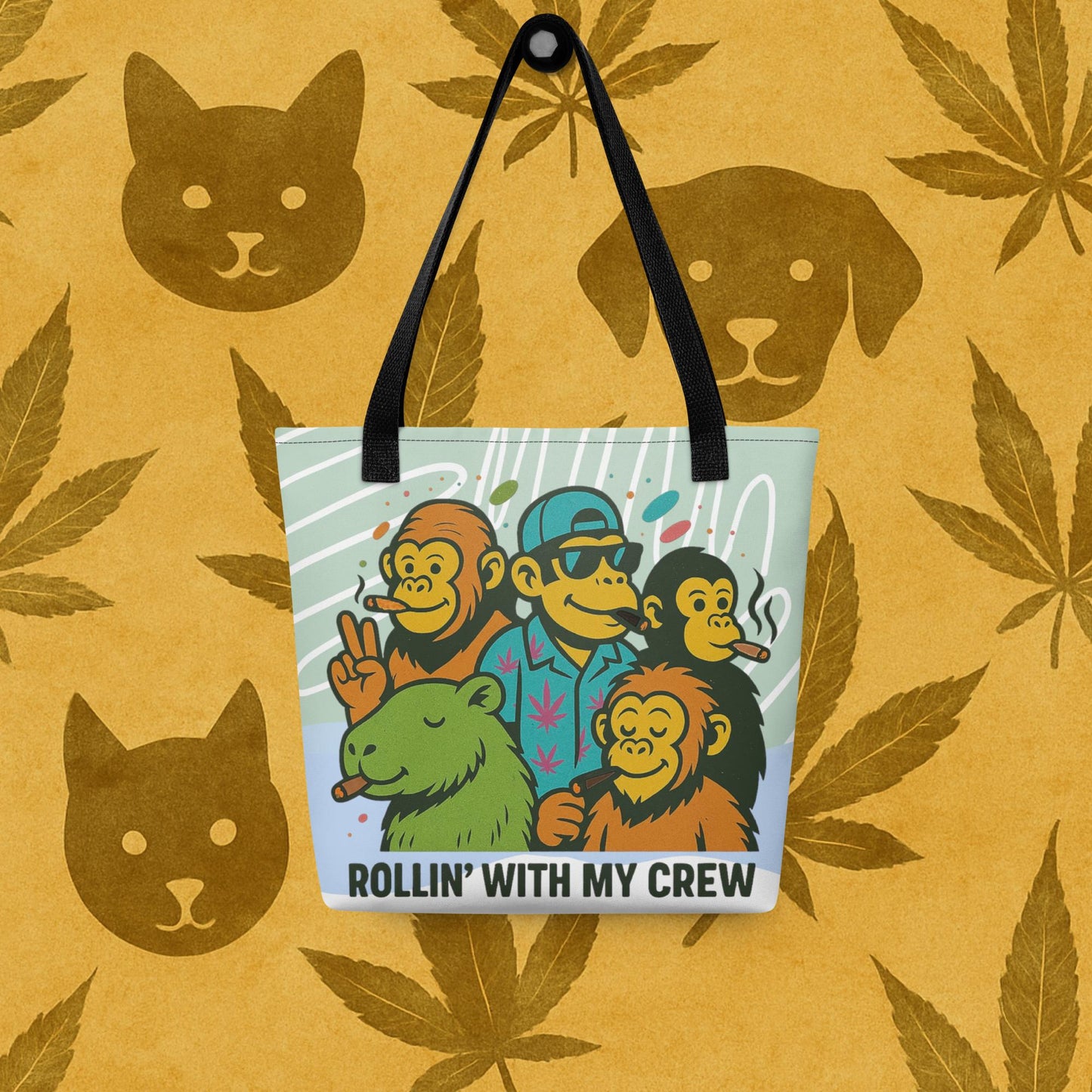Chill Monkey all-over print tote bag “Rollin’ with My Crew” cannabis 420 streetwear with cartoon monkeys smoking, black straps, 15×15 inch front view.