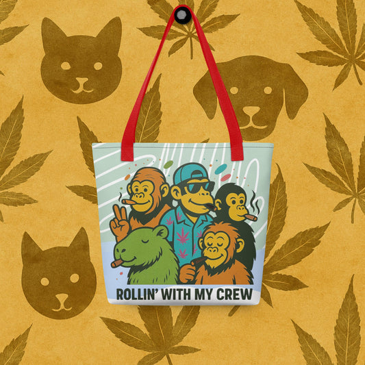 Chill Monkey all-over print tote bag “Rollin’ with My Crew” cannabis 420 streetwear with cartoon monkeys smoking, red straps, 15×15 inch front view.