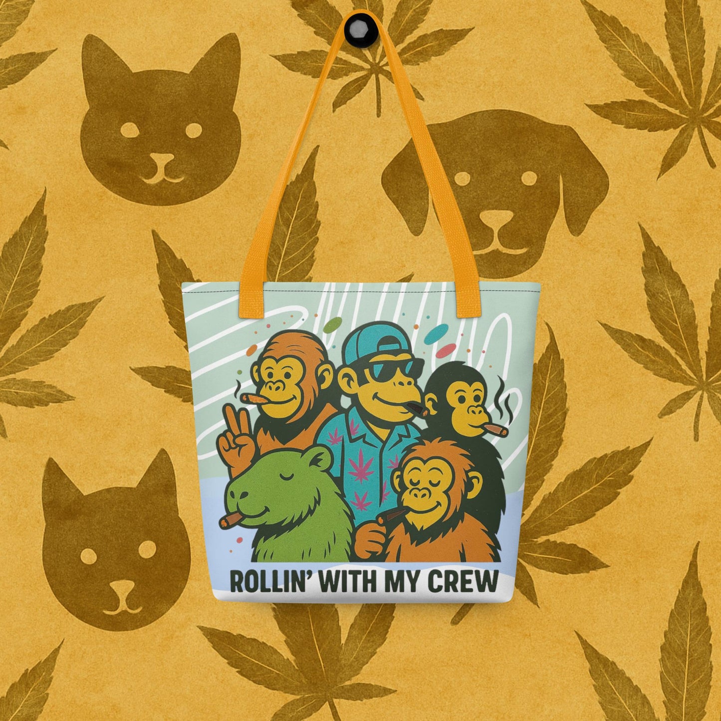 Chill Monkey all-over print tote bag “Rollin’ with My Crew” cannabis 420 streetwear with cartoon monkeys smoking, yellow straps, 15×15 inch front view.