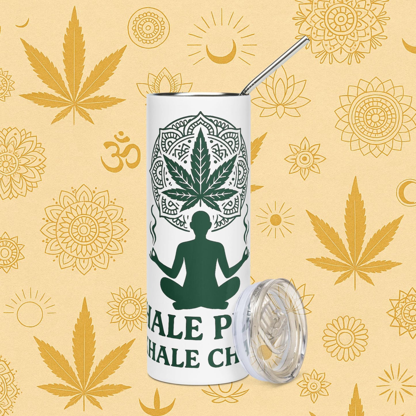 Chill Monkey stainless steel tumbler “Inhale Peace” cannabis 420 yoga design with mandala leaf and meditating silhouette, 20-oz white front view.