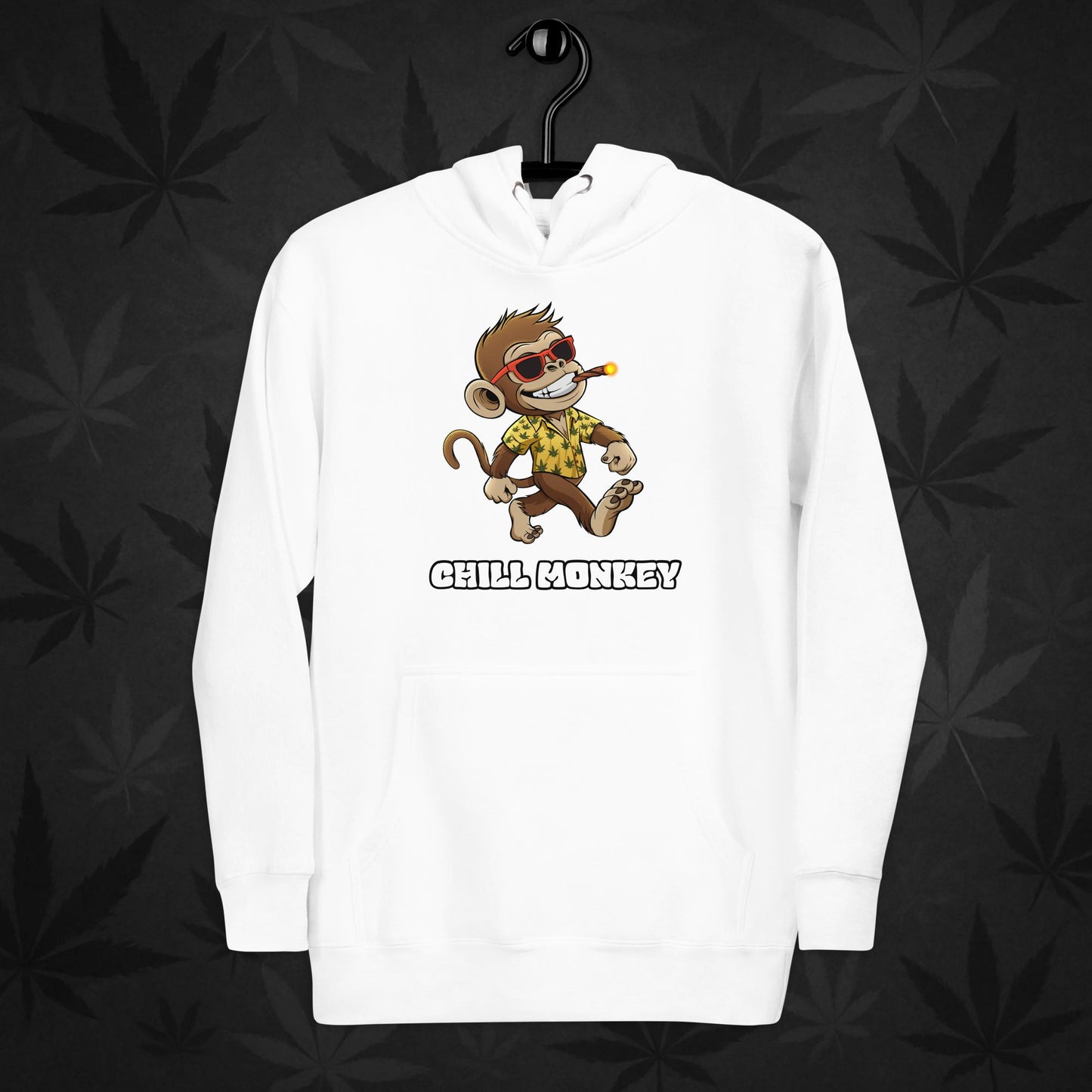 White hoodie with smoking cartoon monkey – Chill Monkey 420 streetwear design