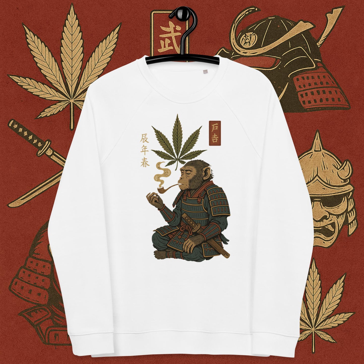 White sweatshirt featuring samurai smoking with cannabis leaf – 420 Bushido weed vibes streetwear