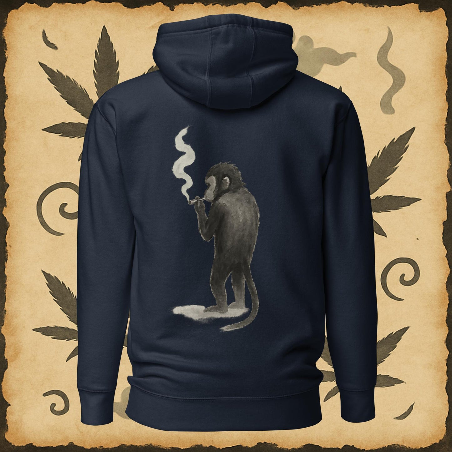 Zen style white dark blue with sumi-e monkey exhaling smoke – Chill Monkey streetwear