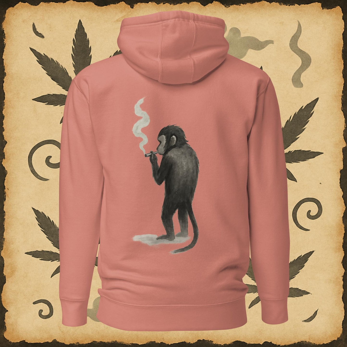 Zen style pink hoodie with sumi-e monkey exhaling smoke – Chill Monkey streetwear