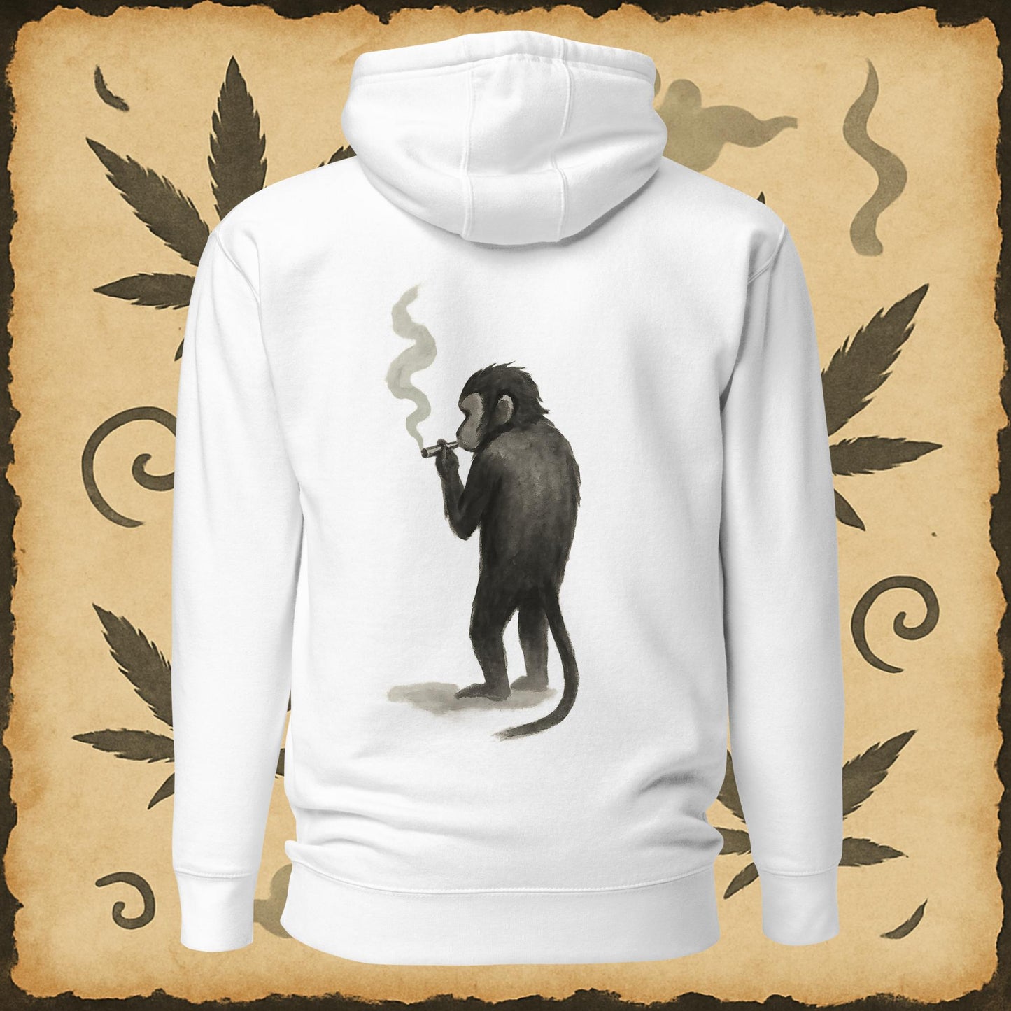 Zen style white hoodie with sumi-e monkey exhaling smoke – Chill Monkey streetwear
