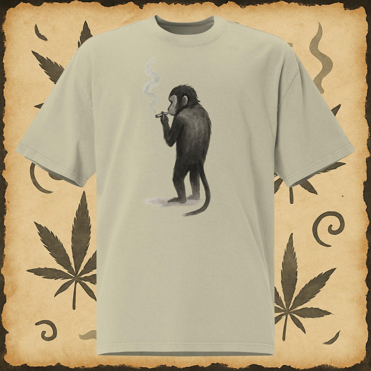 Beige 420 shirt with smoking monkey – zen cannabis art tee for unisex streetwear lovers