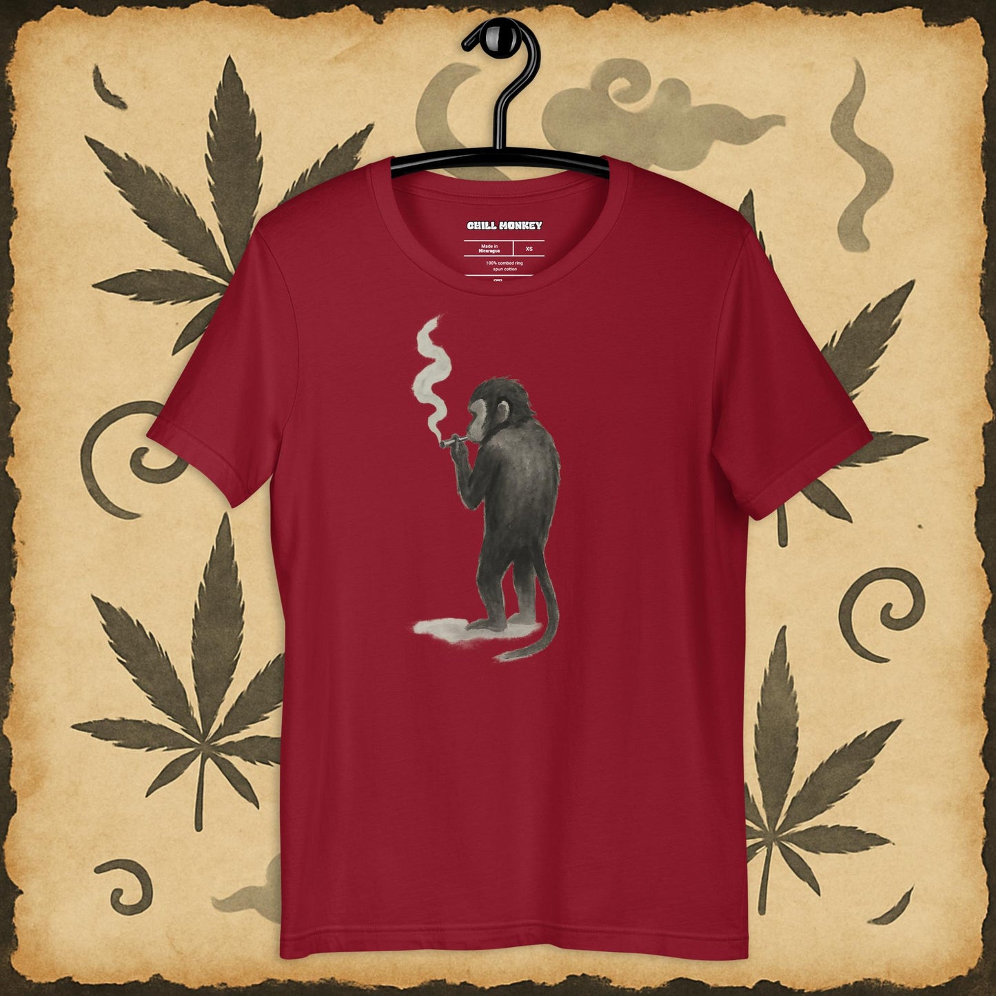 Red 420 shirt with chill smoking monkey – zen cannabis art on premium unisex tee