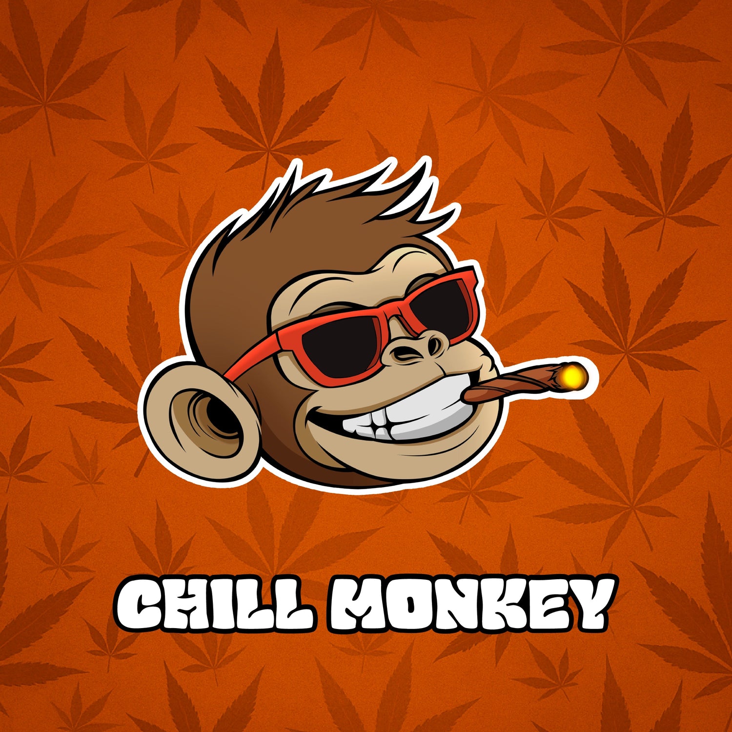 Cartoon monkey head with red sunglasses and a lit joint, smiling confidently over an orange background with cannabis leaf patterns. Text below reads “CHILL MONKEY” in bold white letters.