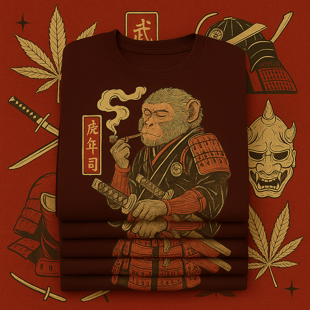 Stack of burgundy oversized T-shirts featuring a detailed samurai monkey smoking a pipe, set against a Japanese-style background with swords, helmets, oni mask, and cannabis leaves — Bushido‑High collection.
