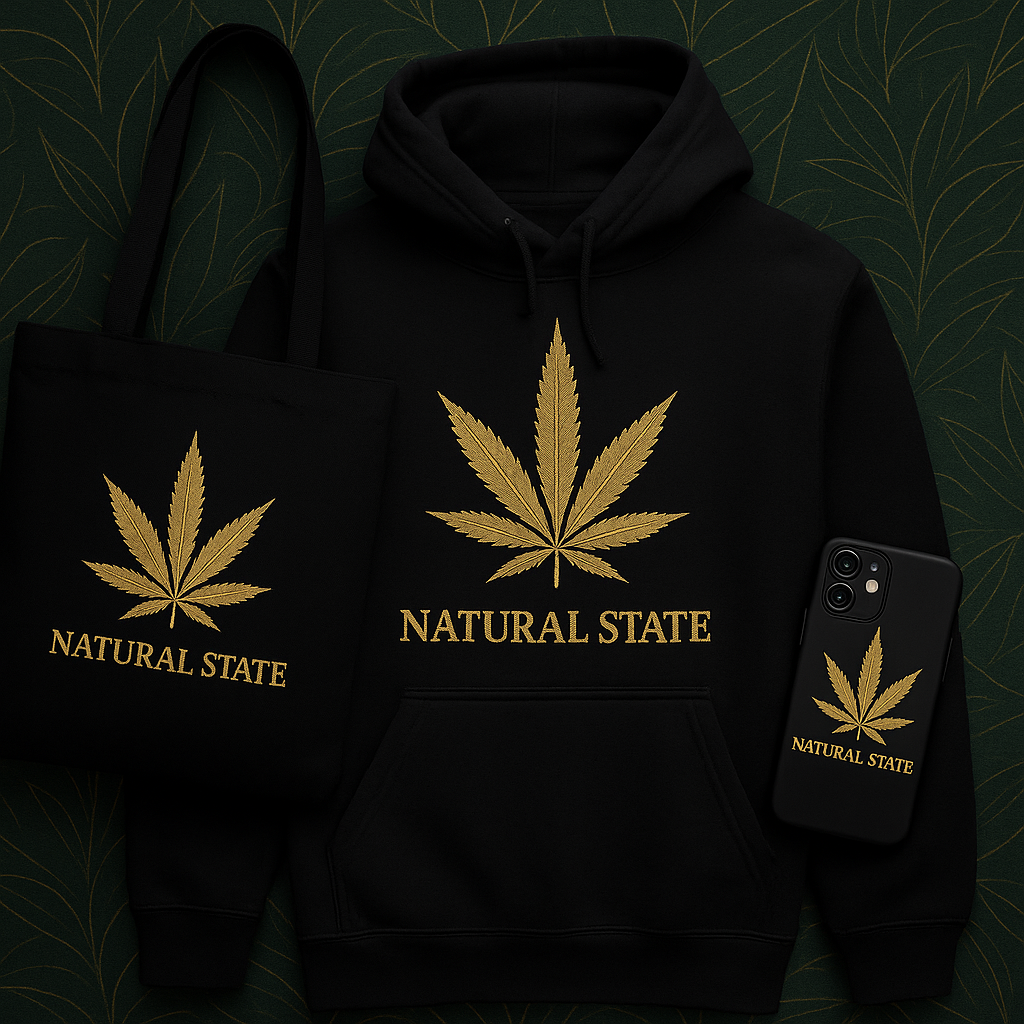Black hoodie, tote bag, and phone case featuring a large gold cannabis leaf and the words "NATURAL STATE" on a dark green background with subtle leaf patterns.