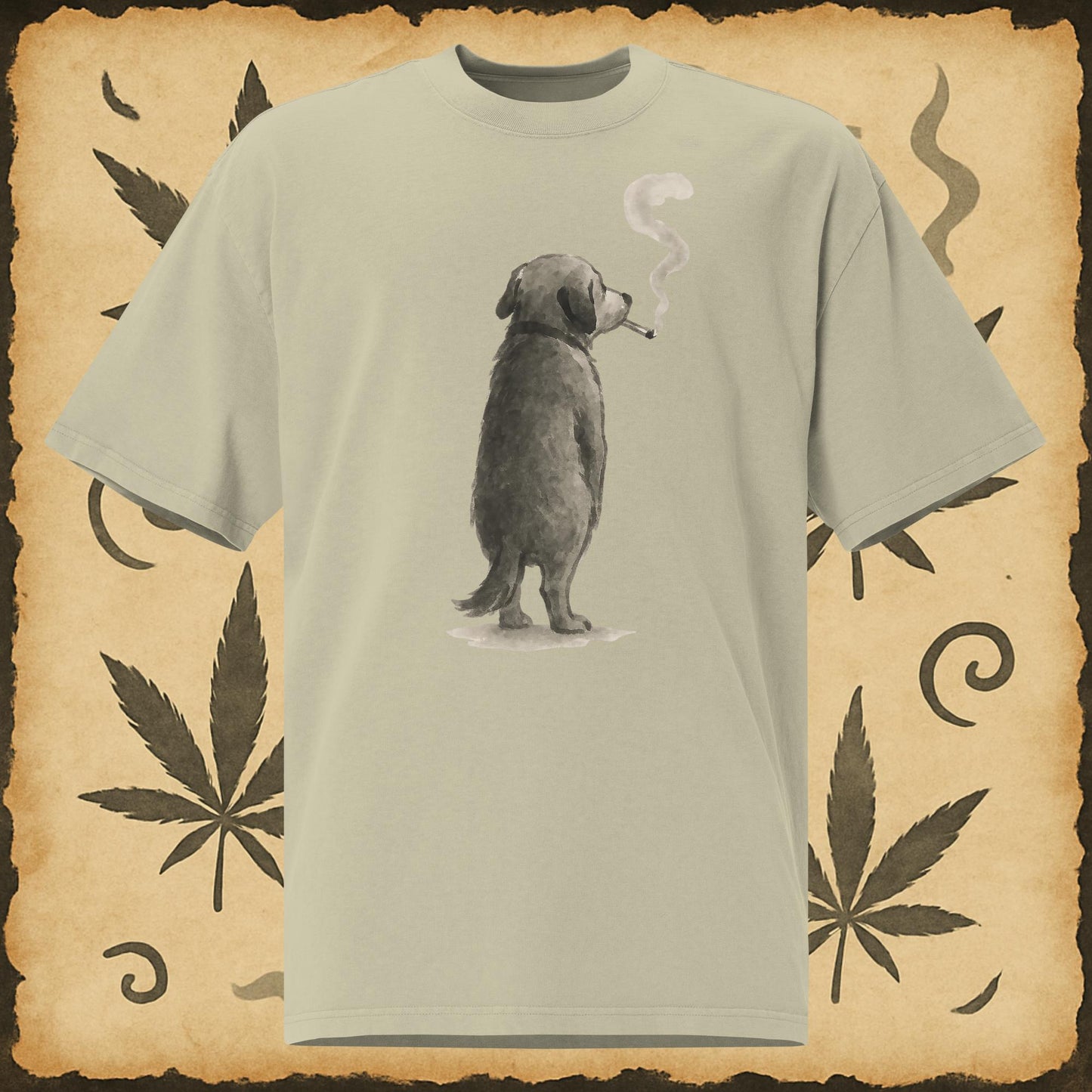 Khaki cannabis tee with sumi-e style stoner dog artwork – Chill Monkey