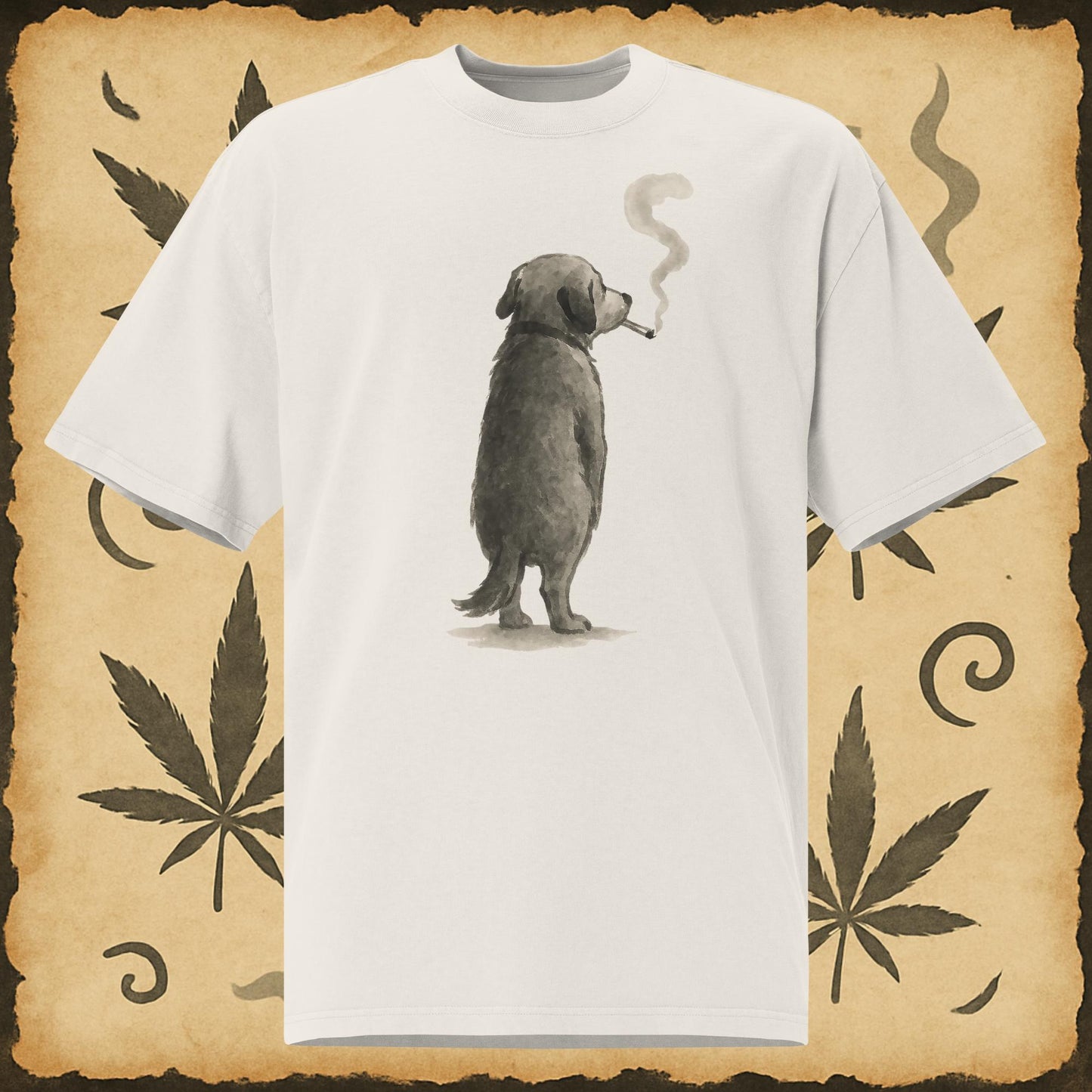 White oversized t-shirt with sumi-e dog smoking illustration – Zen 420 streetwear