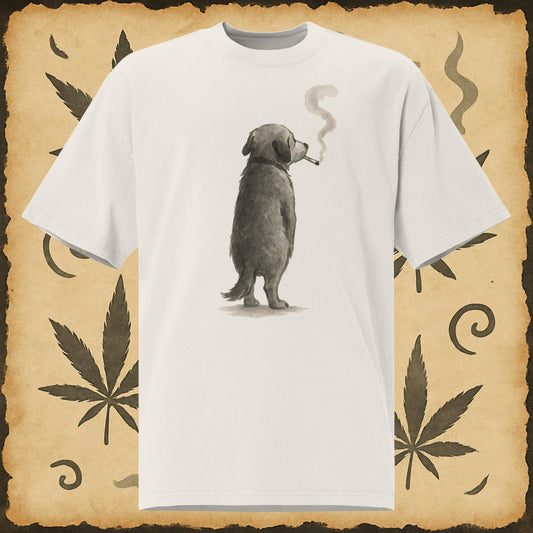 White oversized t-shirt with sumi-e dog smoking illustration – Zen 420 streetwear