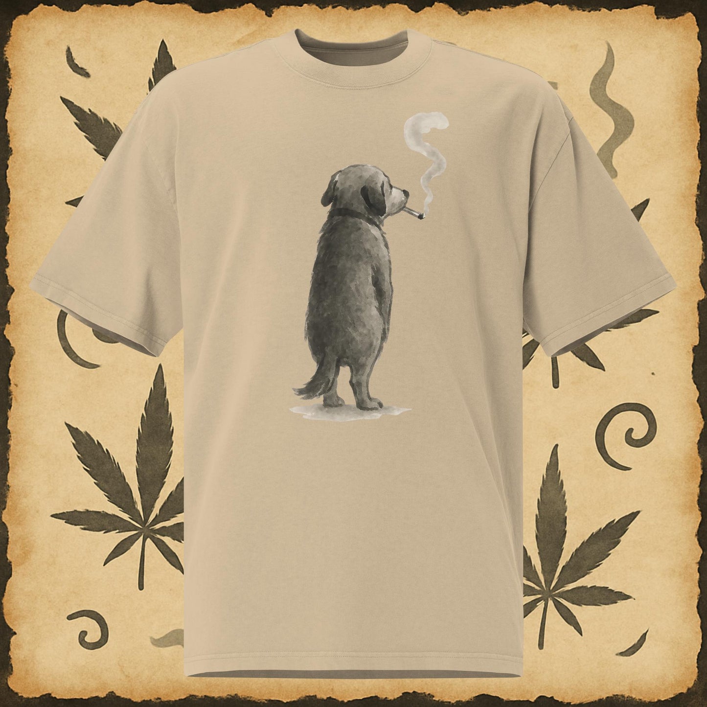 Khaki cannabis tee with sumi-e style stoner dog artwork – Chill Monkey