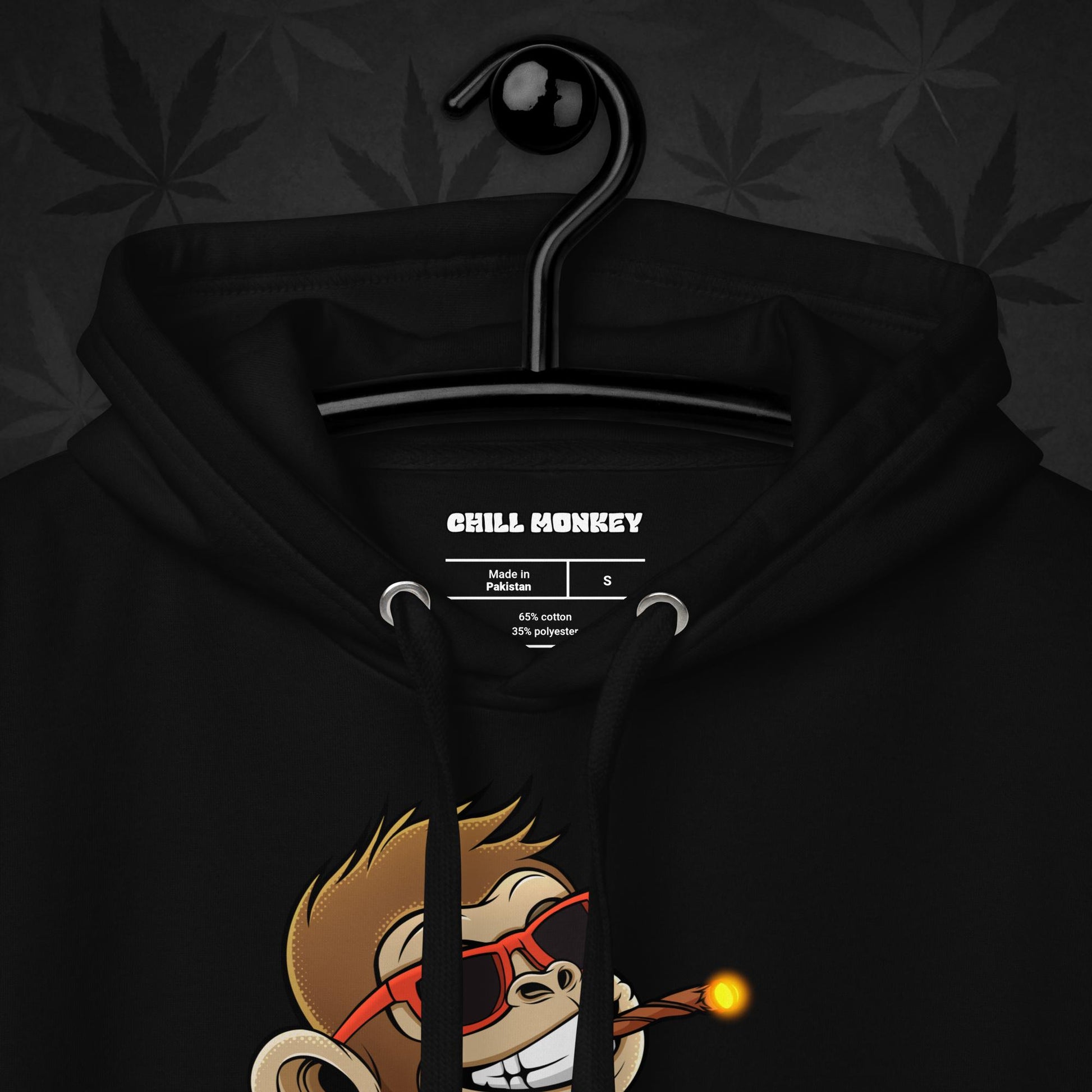 Black hoodie with smoking cartoon monkey – Chill Monkey 420 streetwear design
