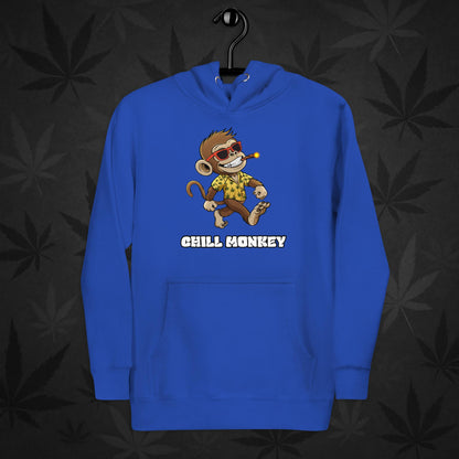 Blue hoodie with smoking cartoon monkey – Chill Monkey 420 streetwear design
