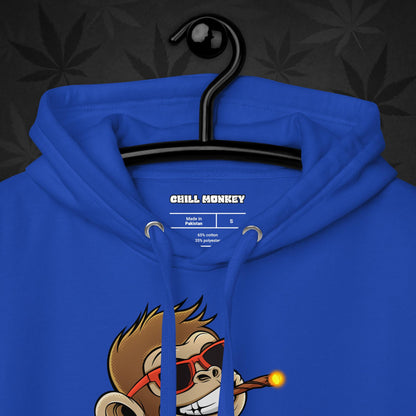 Blue hoodie with smoking cartoon monkey – Chill Monkey 420 streetwear design
