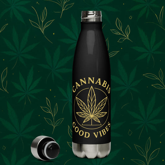 Chill Monkey stainless steel bottle “Gold Leaf” with matte-gold cannabis emblem and “Good Vibes” text, 17-oz vacuum flask, front view, black color.