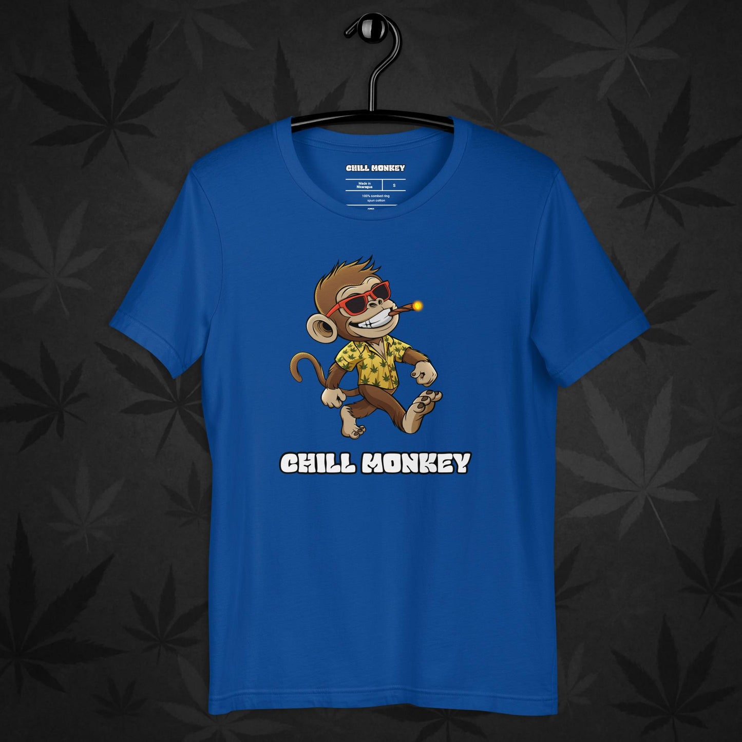 Blue 420 streetwear shirt with full Chill Monkey logo – unisex cannabis-inspired fashion tee
