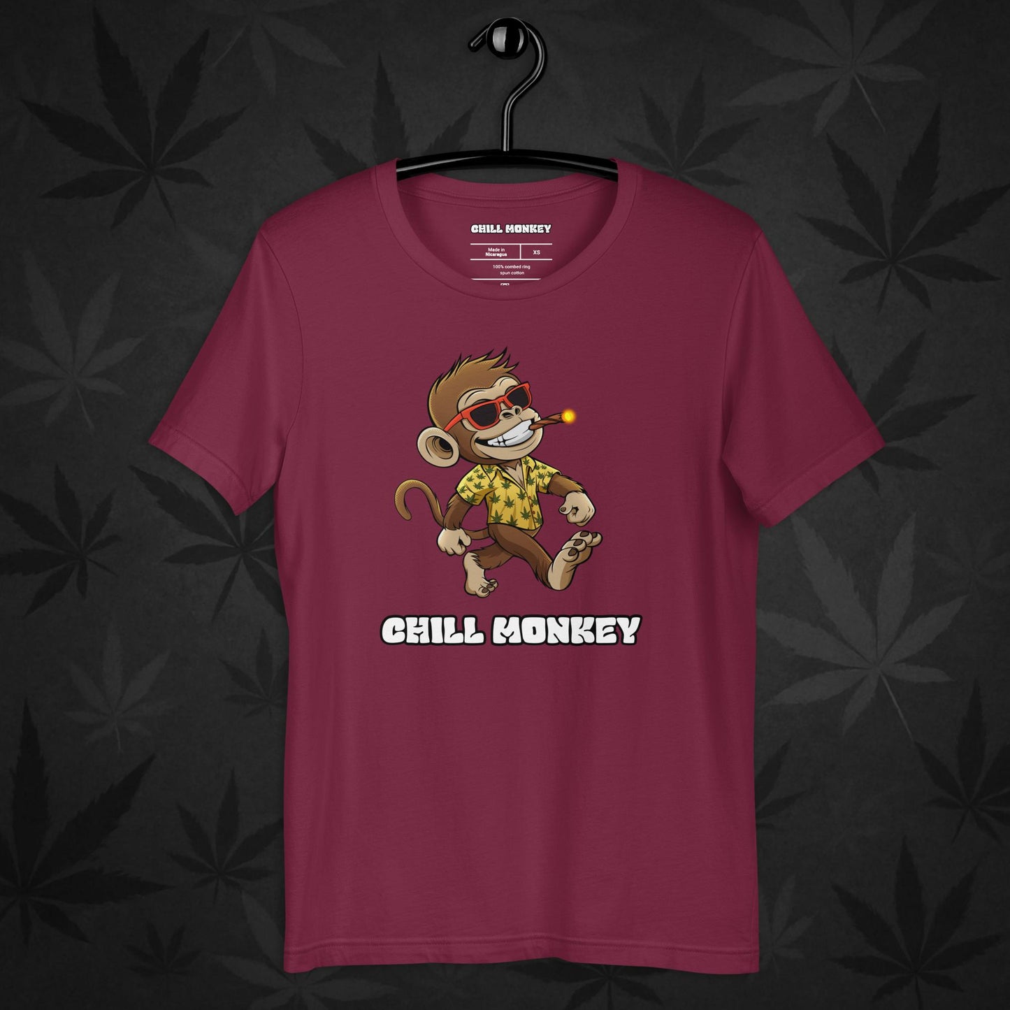 Carmesi 420 streetwear shirt with full Chill Monkey logo – unisex cannabis-inspired fashion tee
