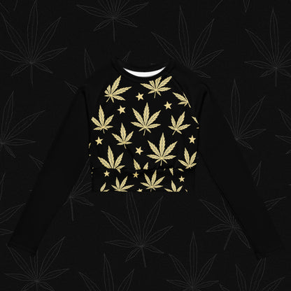 Chill Monkey recycled long-sleeve crop top with gold cannabis leaves and stars, streetwear 420 activewear, front view, black base.