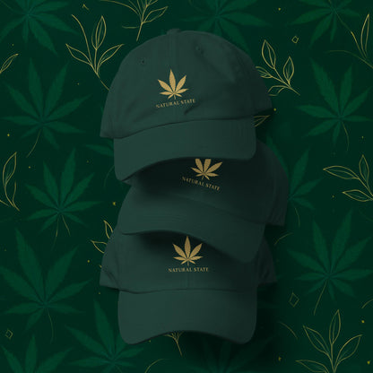 Chill Monkey dad hat “Gold Leaf” streetwear 420 with matte-gold cannabis leaf and “Natural State” text, front view, green color.