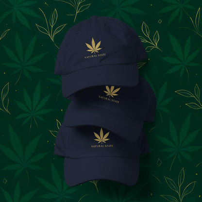 Chill Monkey dad hat “Gold Leaf” streetwear 420 with matte-gold cannabis leaf and “Natural State” text, front view, navy color.