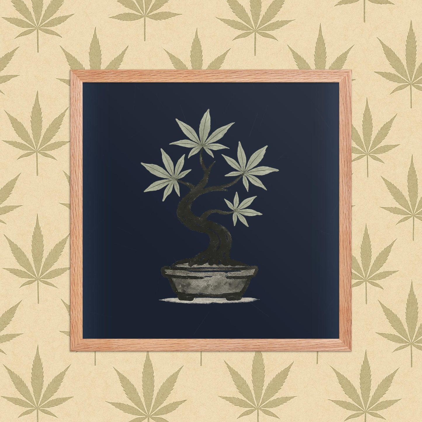 Framed 16x16 matte poster of an ink-style cannabis bonsai on a deep wood background, displayed in a simple white frame against a neutral leaf-pattern backdrop.