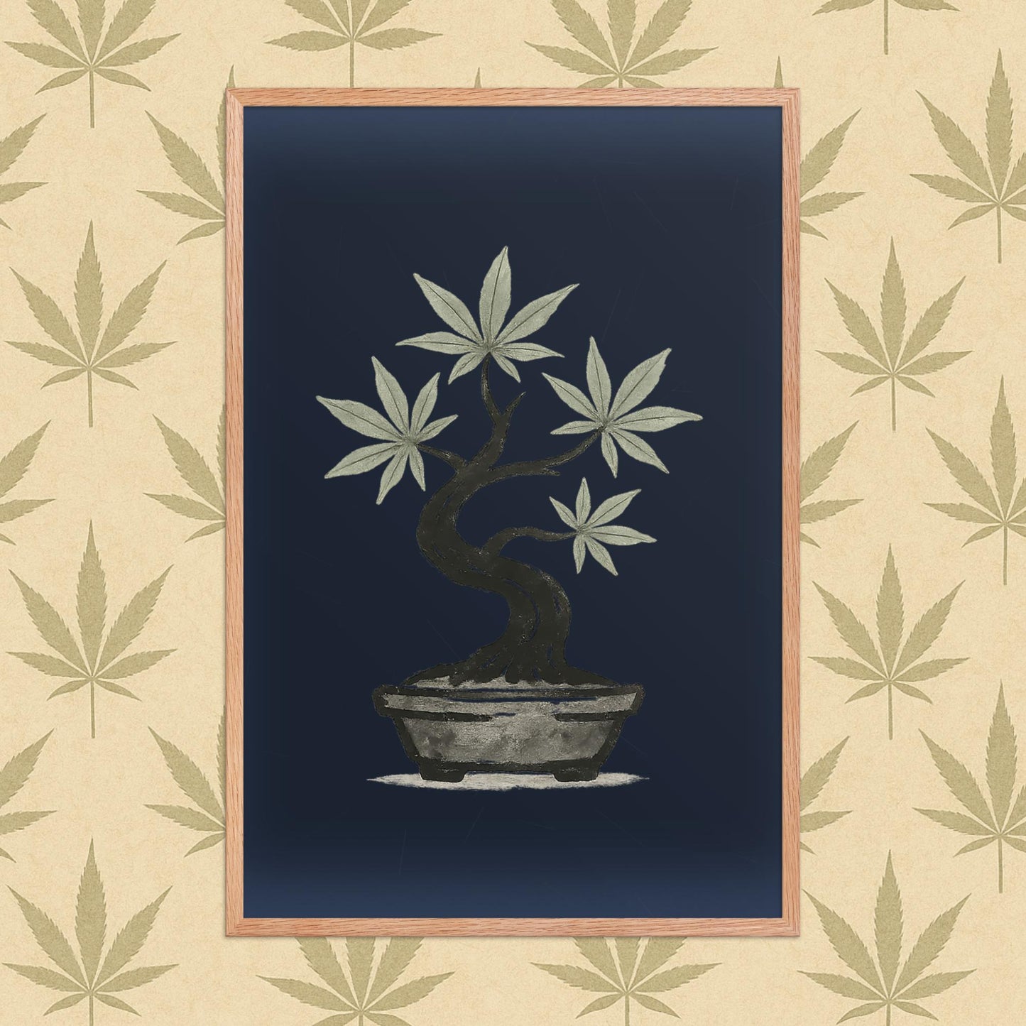 Framed 24x36 matte poster of an ink-style cannabis bonsai on a deep navy background, displayed in a simple white frame against a neutral leaf-pattern backdrop.