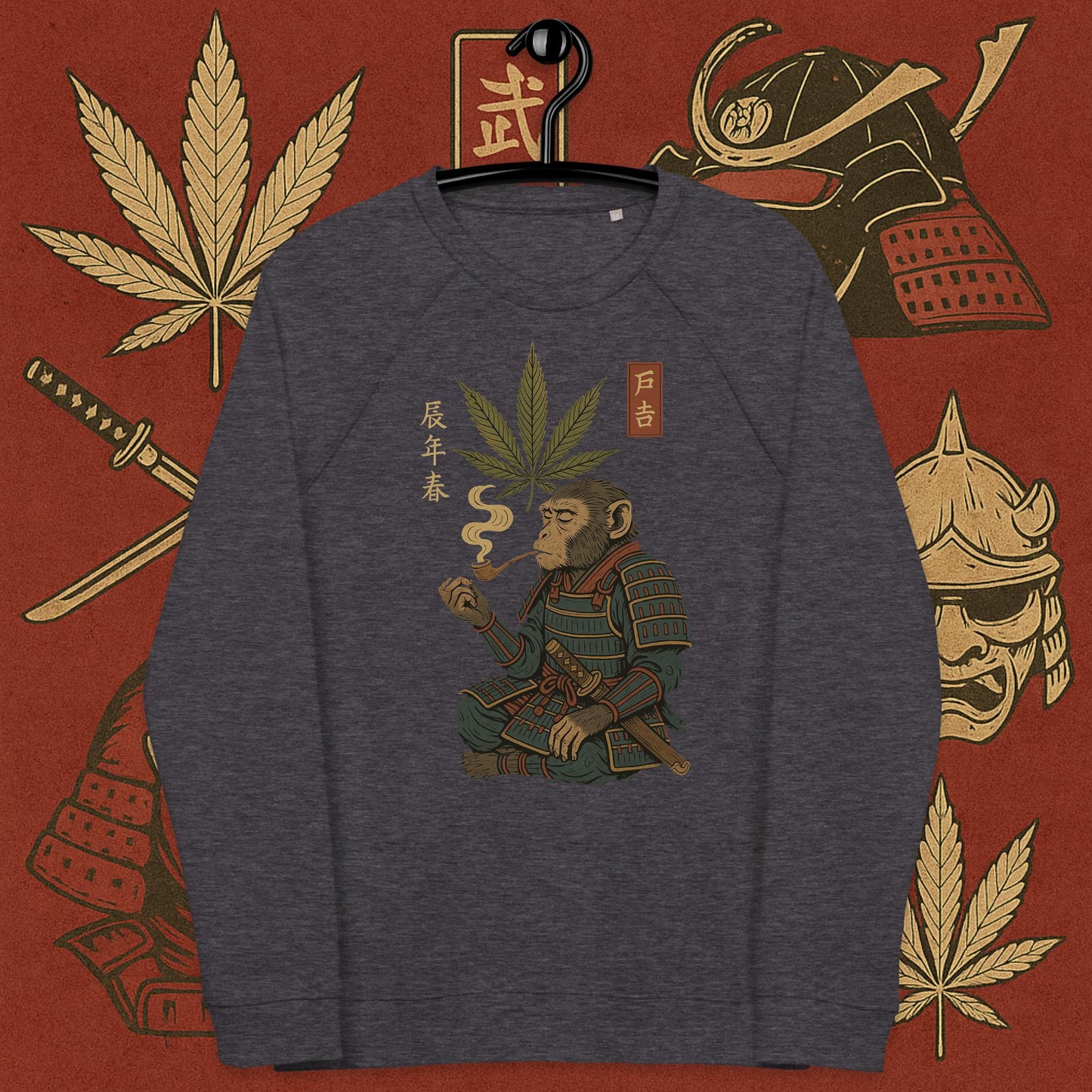 Grey sweatshirt featuring samurai smoking with cannabis leaf – 420 Bushido weed vibes streetwear
