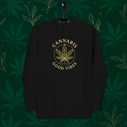 Chill Monkey premium hoodie “Good Vibes” with matte-gold cannabis leaf emblem and circular text, streetwear 420 style, front view, black color.