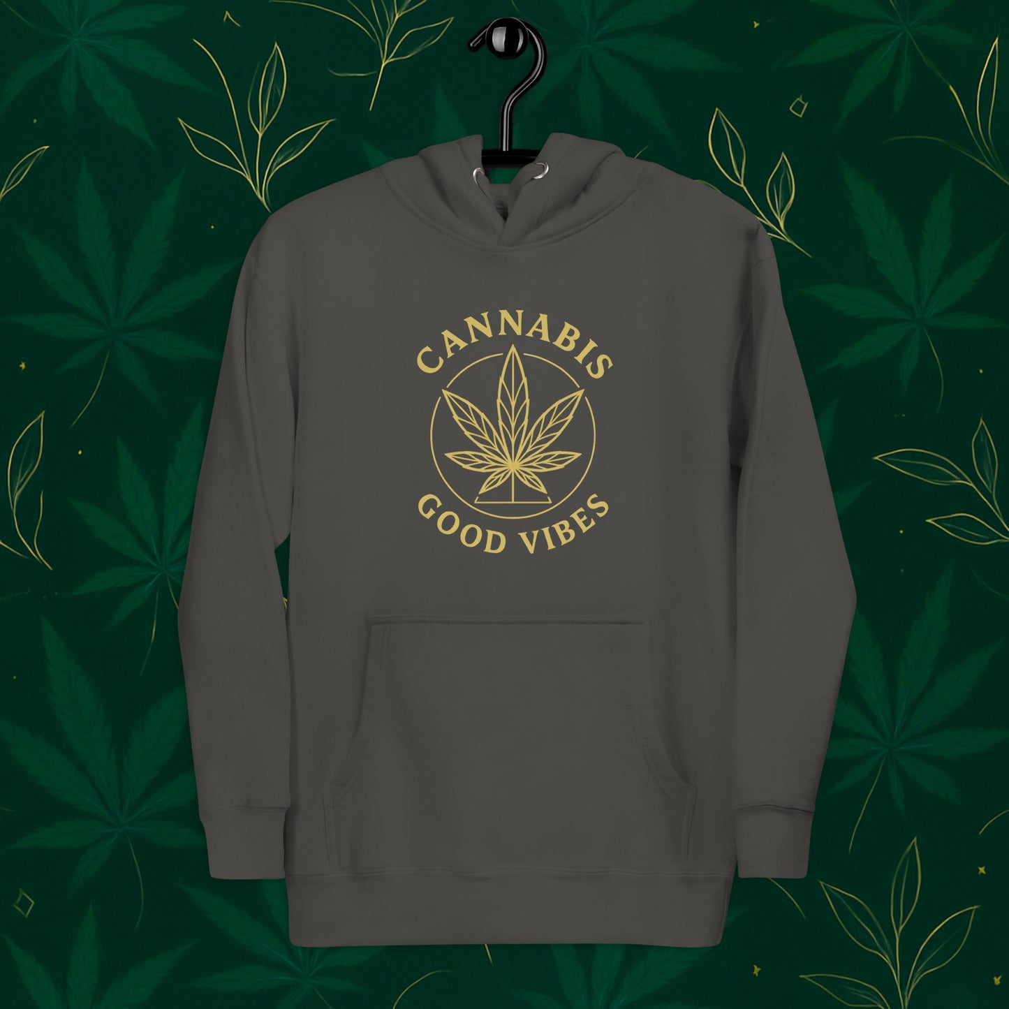 Chill Monkey premium hoodie “Good Vibes” with matte-gold cannabis leaf emblem and circular text, streetwear 420 style, front view, black vintage color.