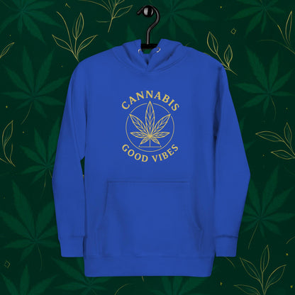 Chill Monkey premium hoodie “Good Vibes” with matte-gold cannabis leaf emblem and circular text, streetwear 420 style, front view, blue color.
