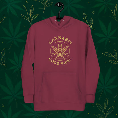 Chill Monkey premium hoodie “Good Vibes” with matte-gold cannabis leaf emblem and circular text, streetwear 420 style, front view, maroon color.