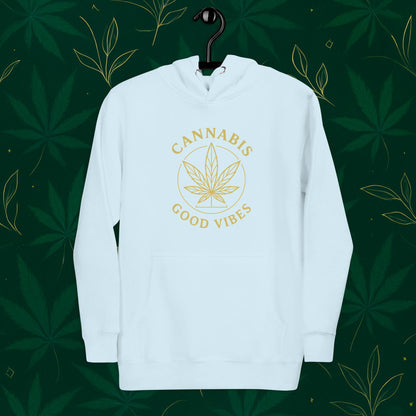 Chill Monkey premium hoodie “Good Vibes” with matte-gold cannabis leaf emblem and circular text, streetwear 420 style, front view, sky blue color.
