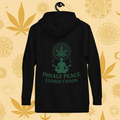 Chill Monkey premium hoodie “Inhale Peace, Exhale Chaos” cannabis 420 yoga design with mandala leaf and meditating silhouette, back print view, black color.