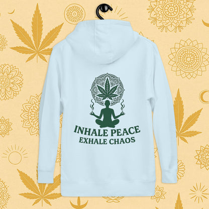 Chill Monkey premium hoodie “Inhale Peace, Exhale Chaos” cannabis 420 yoga design with mandala leaf and meditating silhouette, back print view, blue color.