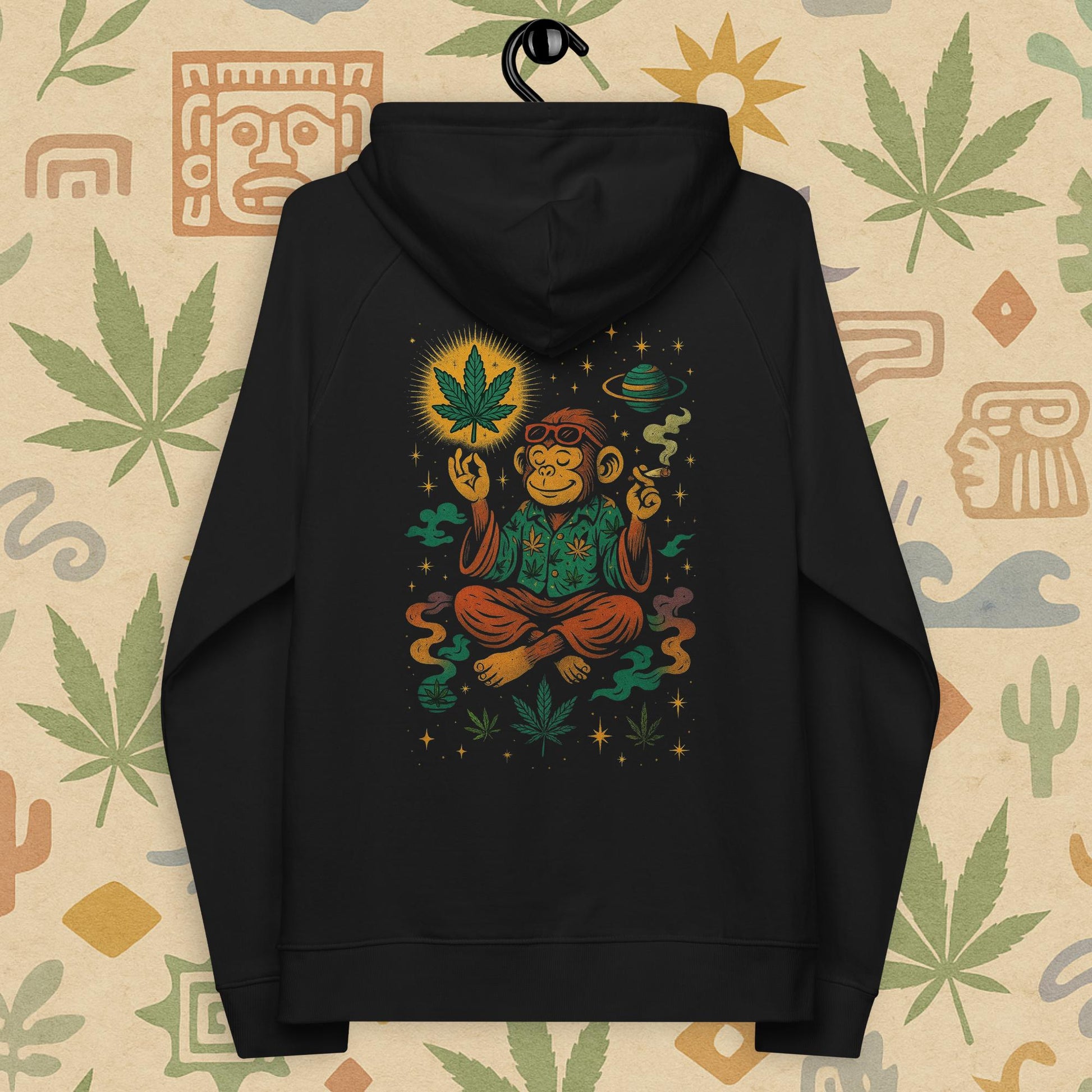 Chill Monkey eco raglan hoodie “Zen Monkey” streetwear 420 featuring meditating monkey, glowing cannabis leaf and cosmic motifs, back print view, black color.