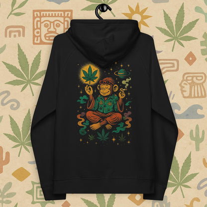 Chill Monkey eco raglan hoodie “Zen Monkey” streetwear 420 featuring meditating monkey, glowing cannabis leaf and cosmic motifs, back print view, black color.