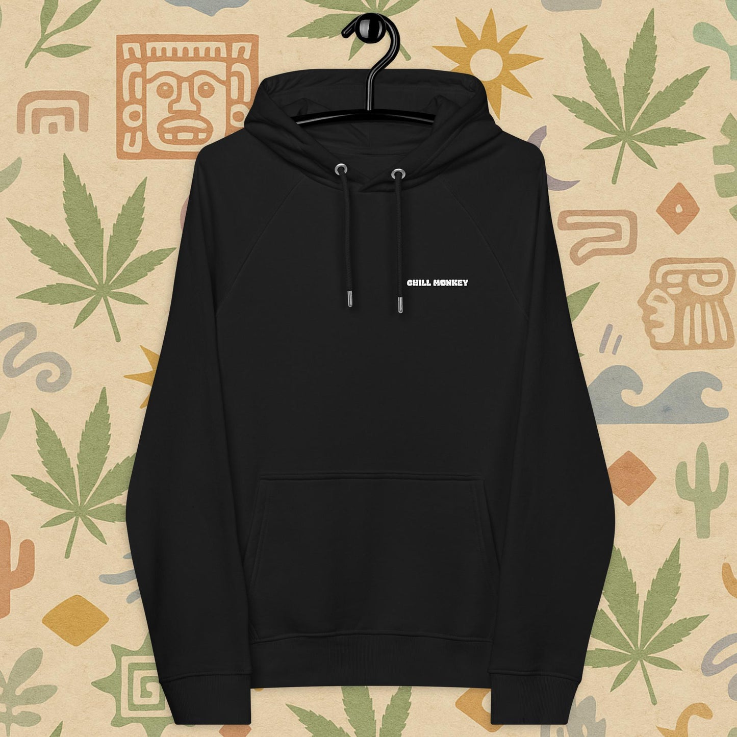 Chill Monkey eco raglan hoodie “Zen Monkey” streetwear 420 featuring meditating monkey, glowing cannabis leaf and cosmic motifs, back print view, burgundy color.
