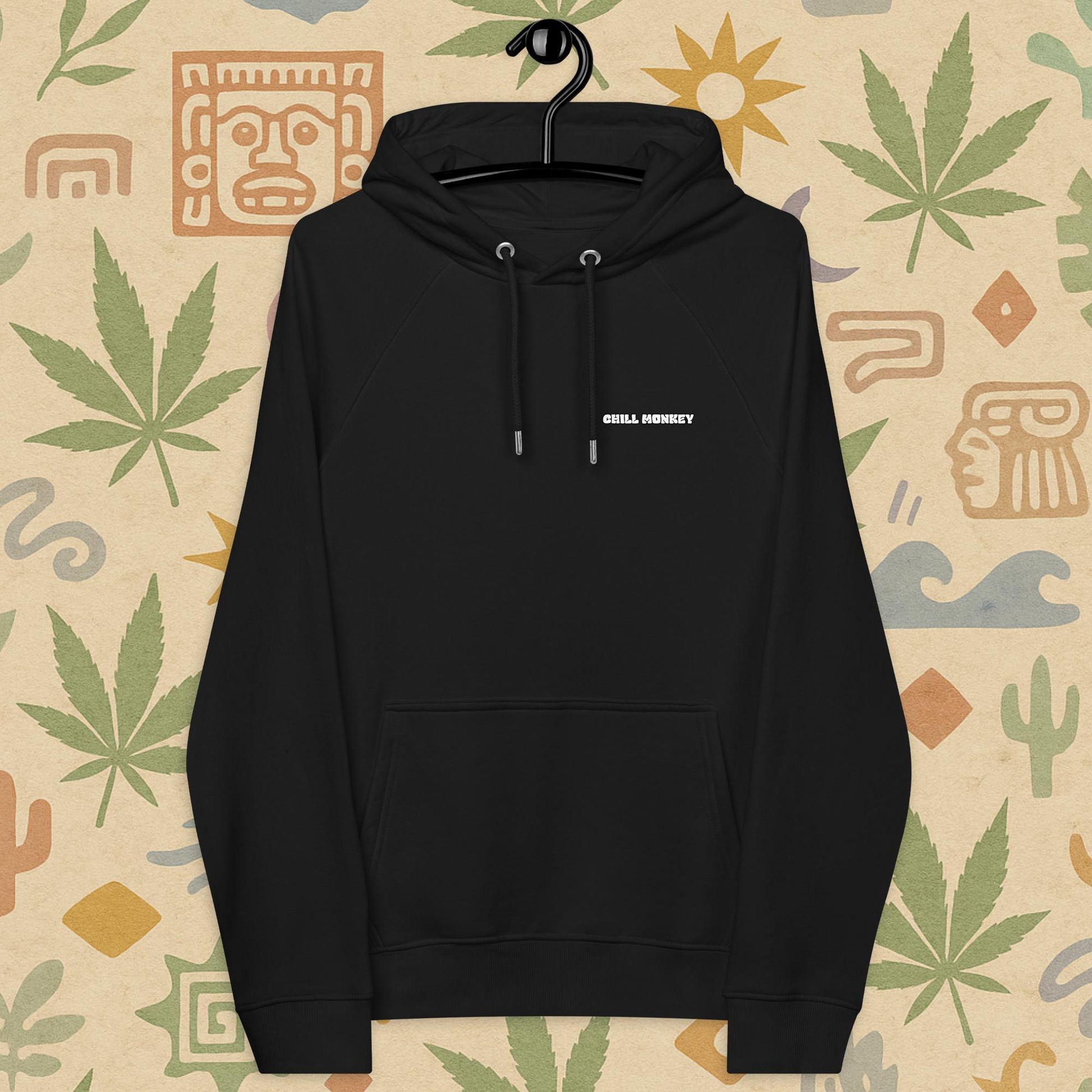 Chill Monkey eco raglan hoodie “Zen Monkey” streetwear 420 featuring meditating monkey, glowing cannabis leaf and cosmic motifs, back print view, burgundy color.