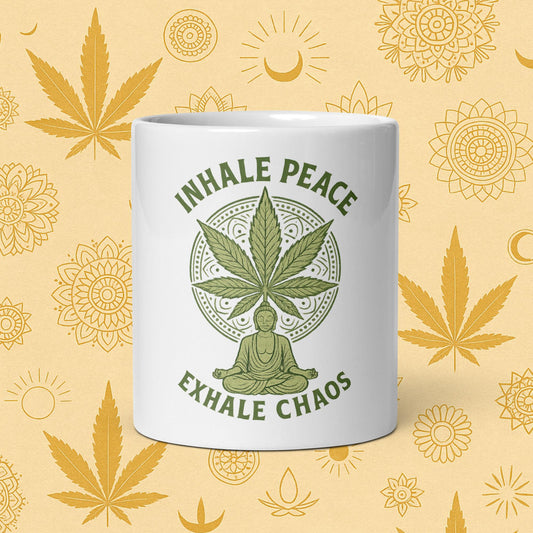 Chill Monkey glossy mug “Inhale Peace, Exhale Chaos” cannabis 420 yoga design with mandala leaf and meditating silhouette, 11-oz white front view.