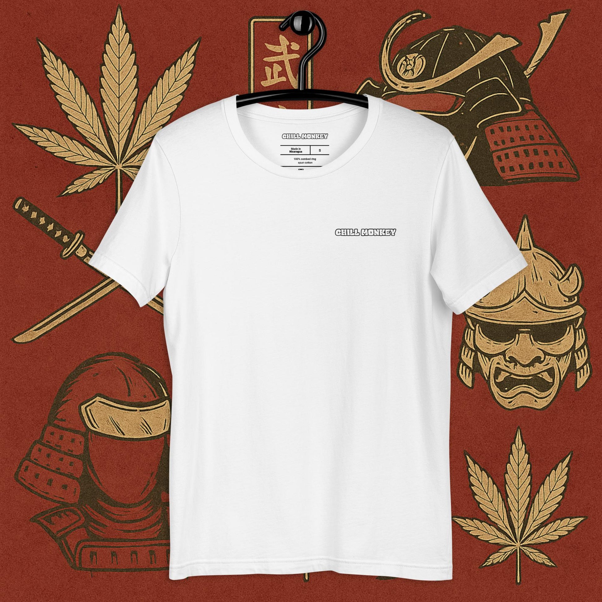 Chill Monkey oversized tee label logo streetwear 420 with samurai monkey smoking cannabis pipe, front print view, faded white color.