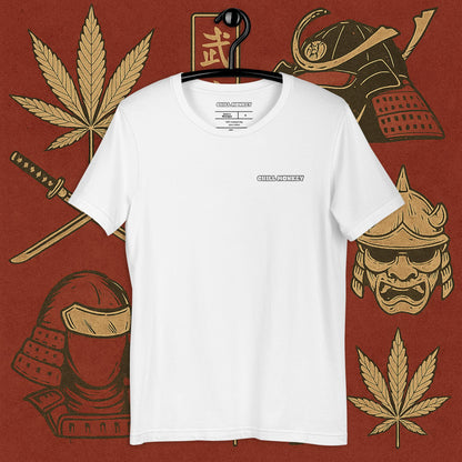 Chill Monkey oversized tee label logo streetwear 420 with samurai monkey smoking cannabis pipe, front print view, faded white color.