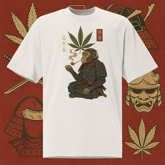 Chill Monkey oversized tee featuring Ronin Monkey samurai smoking cannabis leaf, streetwear 420 DTG print, bone color.
