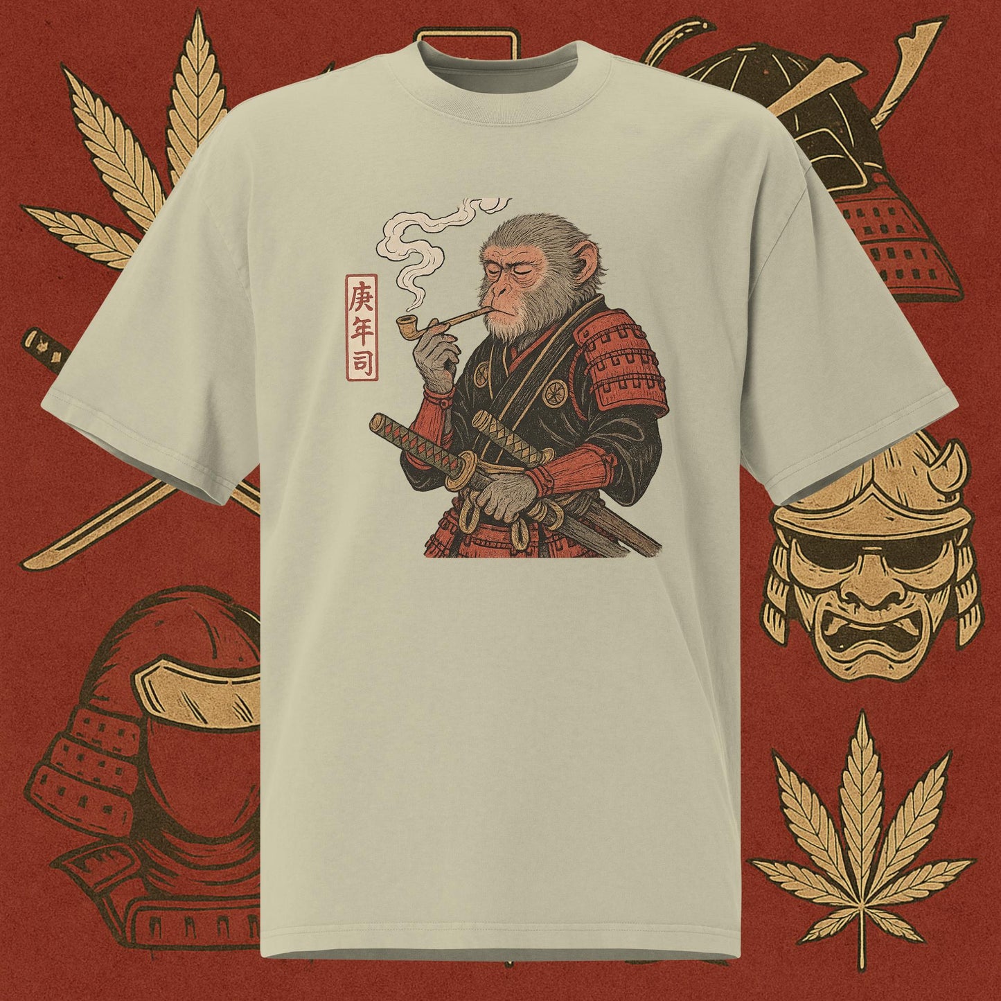 Chill Monkey oversized tee “Warrior Leaf” streetwear 420 with samurai monkey smoking cannabis, DTG print, faded army color.