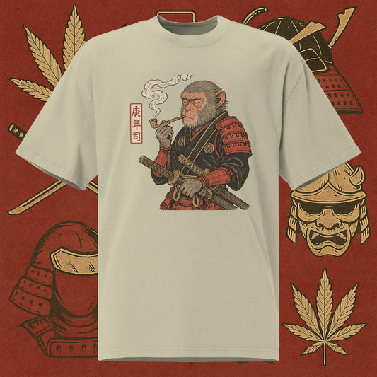 Chill Monkey oversized tee “Warrior Leaf” streetwear 420 with samurai monkey smoking cannabis, DTG print, faded army color.