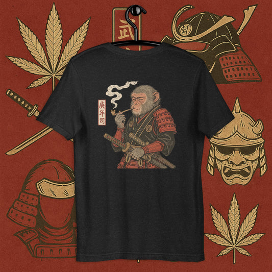 Chill Monkey oversized tee “Warrior Leaf” streetwear 420 with samurai monkey smoking cannabis pipe, back print view, faded black color.