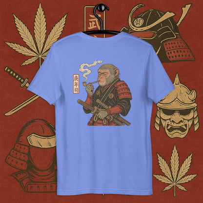 Chill Monkey oversized tee “Warrior Leaf” streetwear 420 with samurai monkey smoking cannabis pipe, back print view, faded purple color.